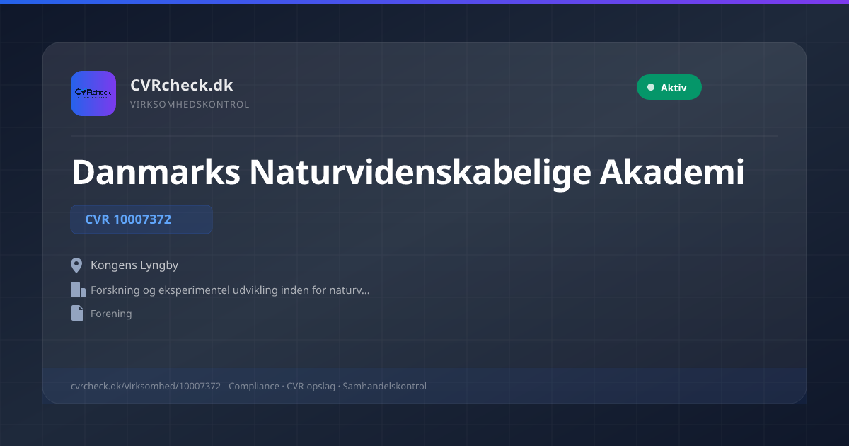 Visitkort: Danmarks Naturvidenskabelige Akademi, CVR 10007372, Forskning og eksperimentel udvikling inden for naturvidenskab og teknik, Kongens Lyngby, Aktiv