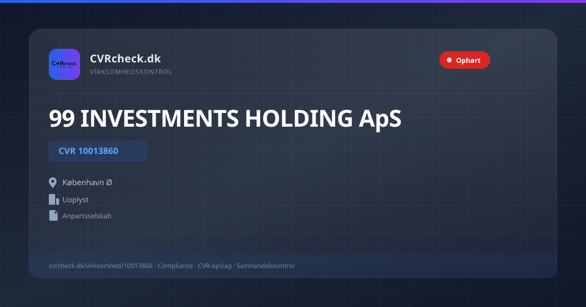 Visitkort: 99 INVESTMENTS HOLDING ApS, CVR 10013860, Uoplyst, København Ø, OPLØST EFTER ERKLÆRING