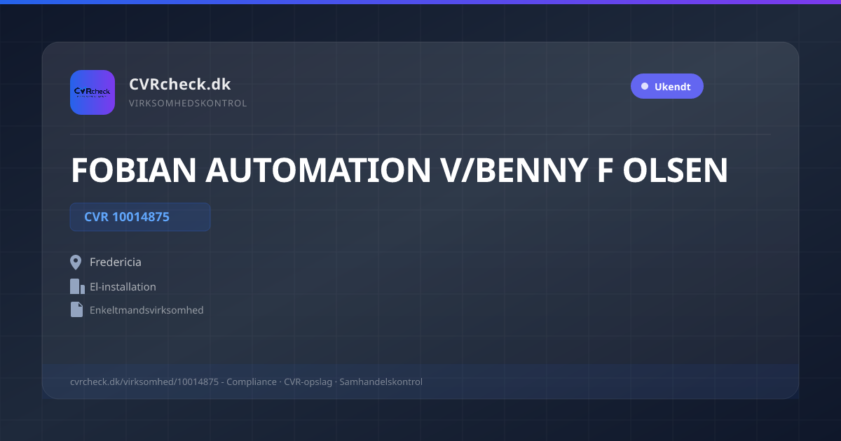 Visitkort: FOBIAN AUTOMATION V/BENNY F OLSEN, CVR 10014875, El-installation, Fredericia