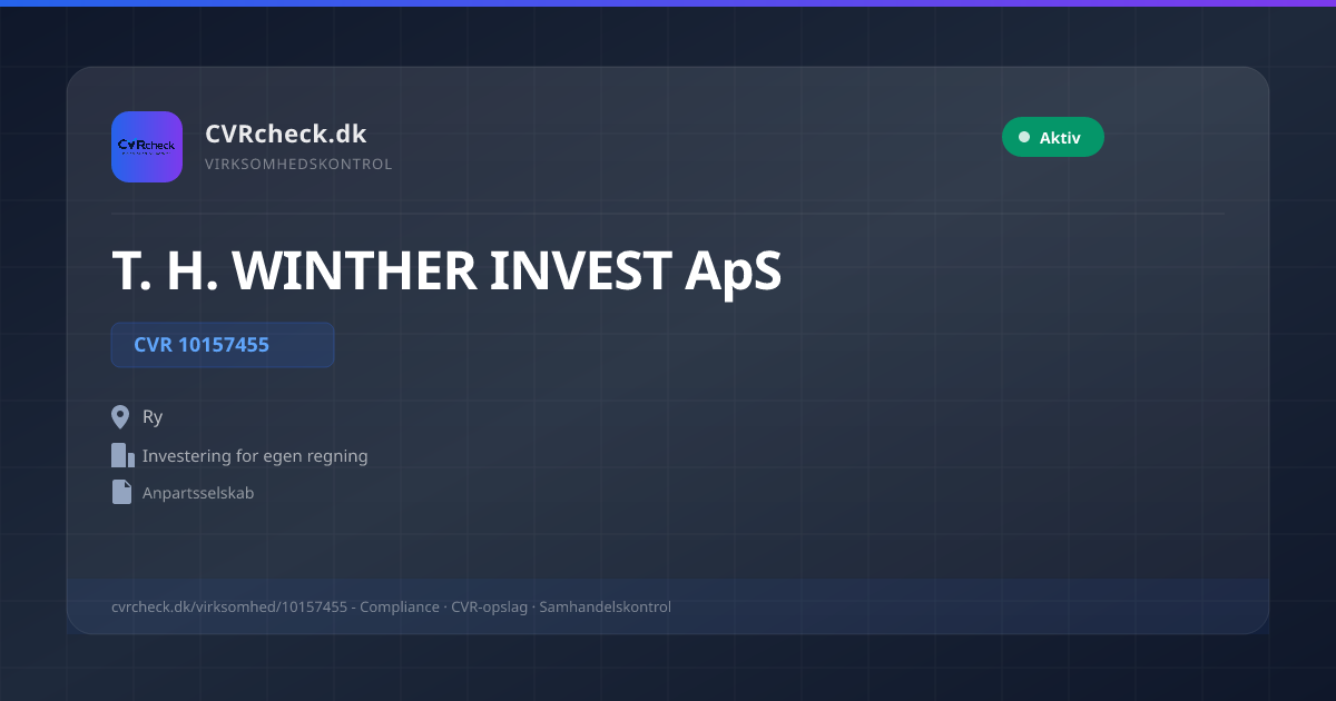 Visitkort: T. H. WINTHER INVEST ApS, CVR 10157455, Investering for egen regning, Ry, NORMAL