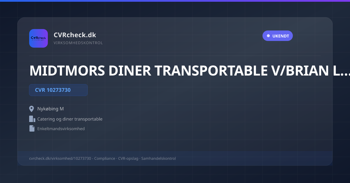 Visitkort: MIDTMORS DINER TRANSPORTABLE V/BRIAN LAURIDSEN, CVR 10273730, Catering og diner transportable, Nykøbing M, UKENDT