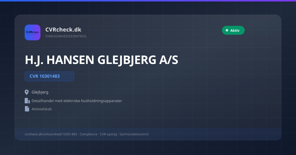 Visitkort: H.J. HANSEN GLEJBJERG A/S, CVR 10301483, Detailhandel med elektriske husholdningsapparater, Glejbjerg, NORMAL