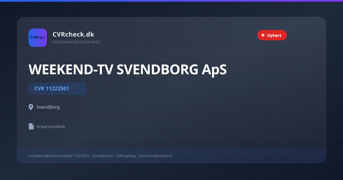 Visitkort: WEEKEND-TV SVENDBORG ApS, CVR 11222501, Svendborg, OPLØST EFTER KONKURS