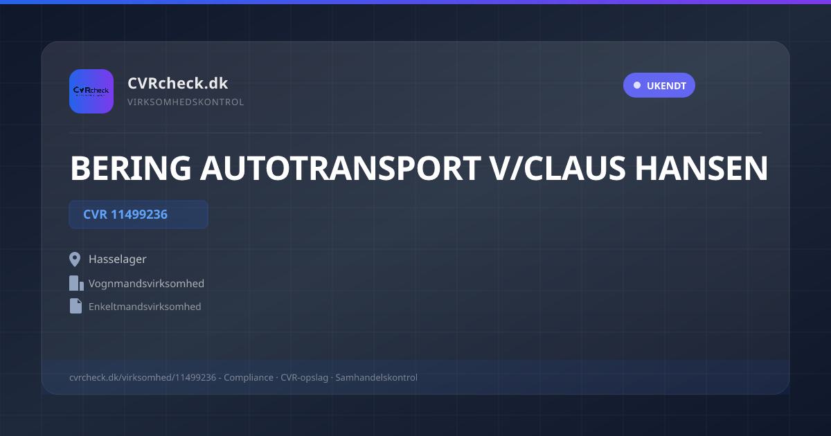 Visitkort: BERING AUTOTRANSPORT V/CLAUS HANSEN, CVR 11499236, Vognmandsvirksomhed, Hasselager, UKENDT