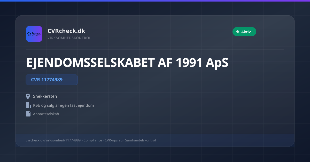 Visitkort: EJENDOMSSELSKABET AF 1991 ApS, CVR 11774989, Køb og salg af egen fast ejendom, Snekkersten, NORMAL