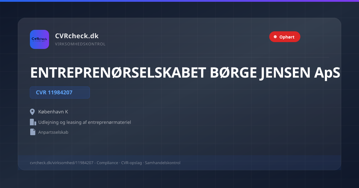 Visitkort: ENTREPRENØRSELSKABET BØRGE JENSEN ApS, CVR 11984207, Udlejning og leasing af entreprenørmateriel, København K, OPLØST EFTER ERKLÆRING