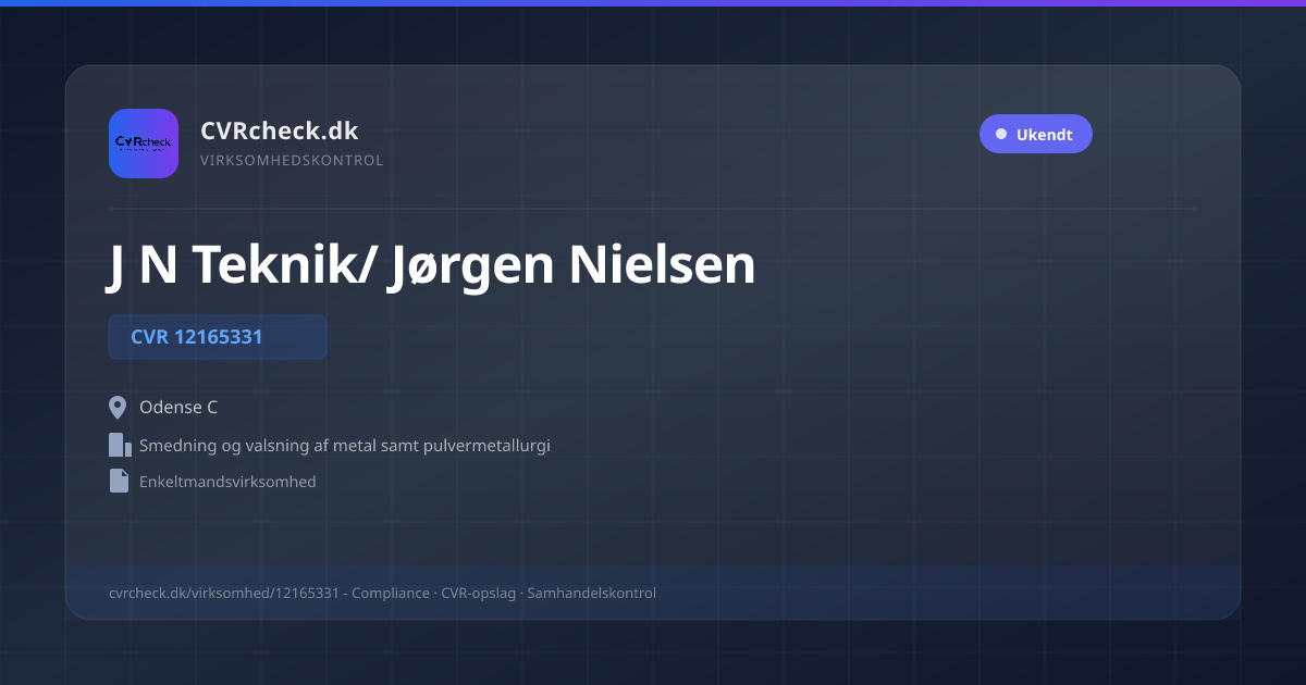 Visitkort: J N Teknik/ Jørgen Nielsen, CVR 12165331, Smedning og valsning af metal samt pulvermetallurgi, Odense C