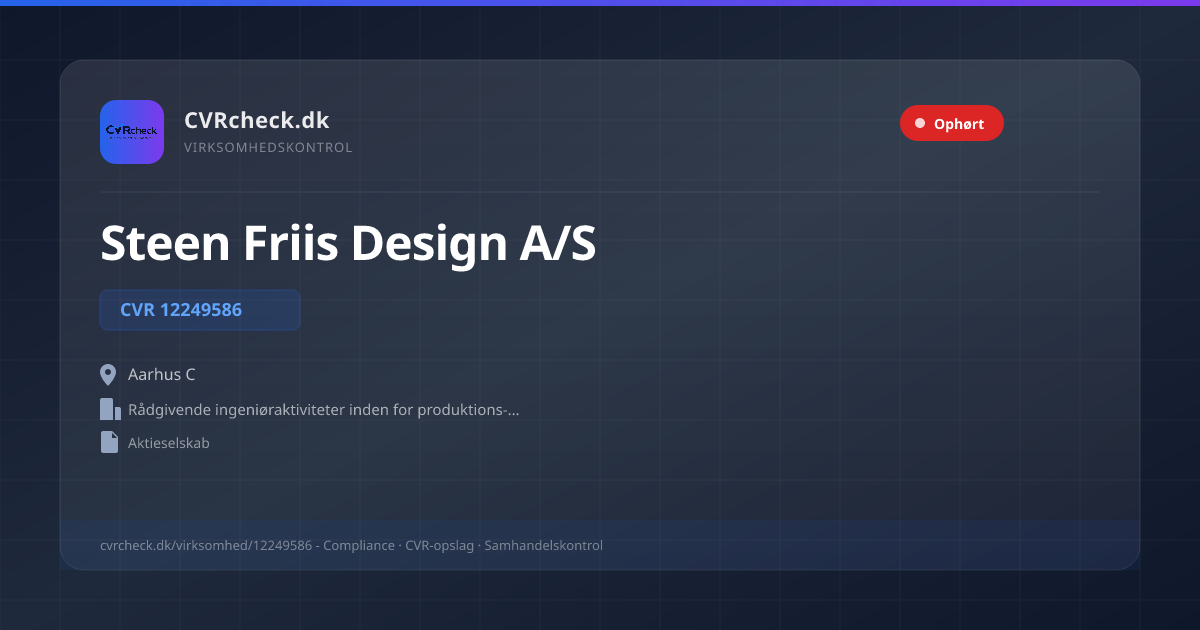 Visitkort: Steen Friis Design A/S, CVR 12249586, Rådgivende ingeniøraktiviteter inden for produktions- og maskinteknik, Aarhus C, OPHØRT