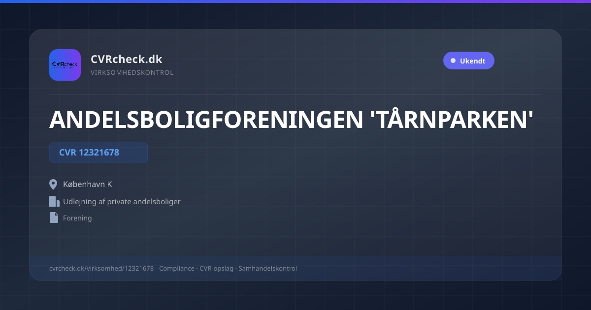 Visitkort: ANDELSBOLIGFORENINGEN 'TÅRNPARKEN', CVR 12321678, Udlejning af private andelsboliger, København K