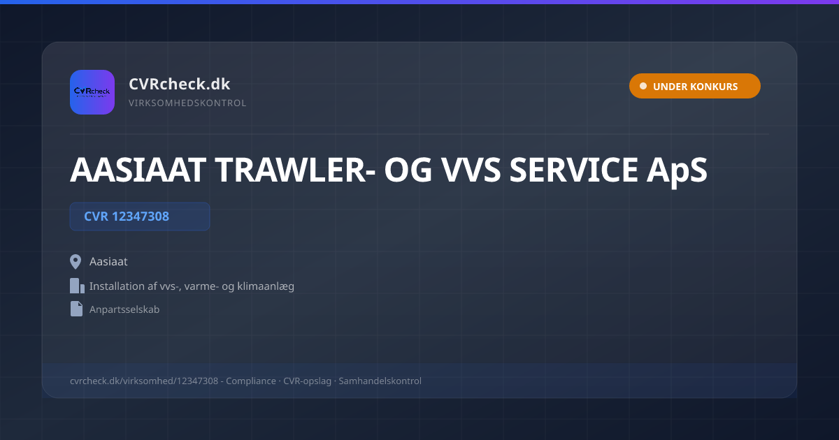 Visitkort: AASIAAT TRAWLER- OG VVS SERVICE ApS, CVR 12347308, Installation af vvs-, varme- og klimaanlæg, Aasiaat, UNDER KONKURS