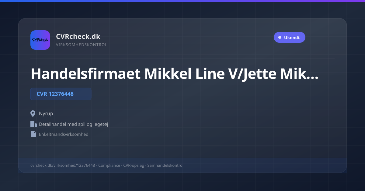 Visitkort: Handelsfirmaet Mikkel Line V/Jette Mikkelsen, CVR 12376448, Detailhandel med spil og legetøj, Nyrup