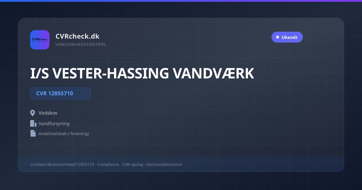 Visitkort: I/S VESTER-HASSING VANDVÆRK, CVR 12855710, Vandforsyning, Vodskov