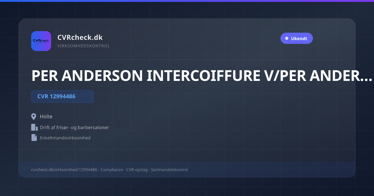 Visitkort: PER ANDERSON INTERCOIFFURE V/PER ANDERSON, CVR 12994486, Drift af frisør- og barbersaloner, Holte