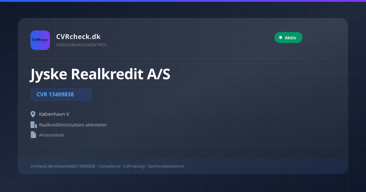 Visitkort: Jyske Realkredit A/S, CVR 13409838, Realkreditinstitutters aktiviteter, København V, NORMAL