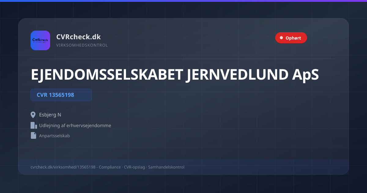 Visitkort: EJENDOMSSELSKABET JERNVEDLUND ApS, CVR 13565198, Udlejning af erhvervsejendomme, Esbjerg N, OPLØSTEFTERFRIVILLIGLIKVIDATION