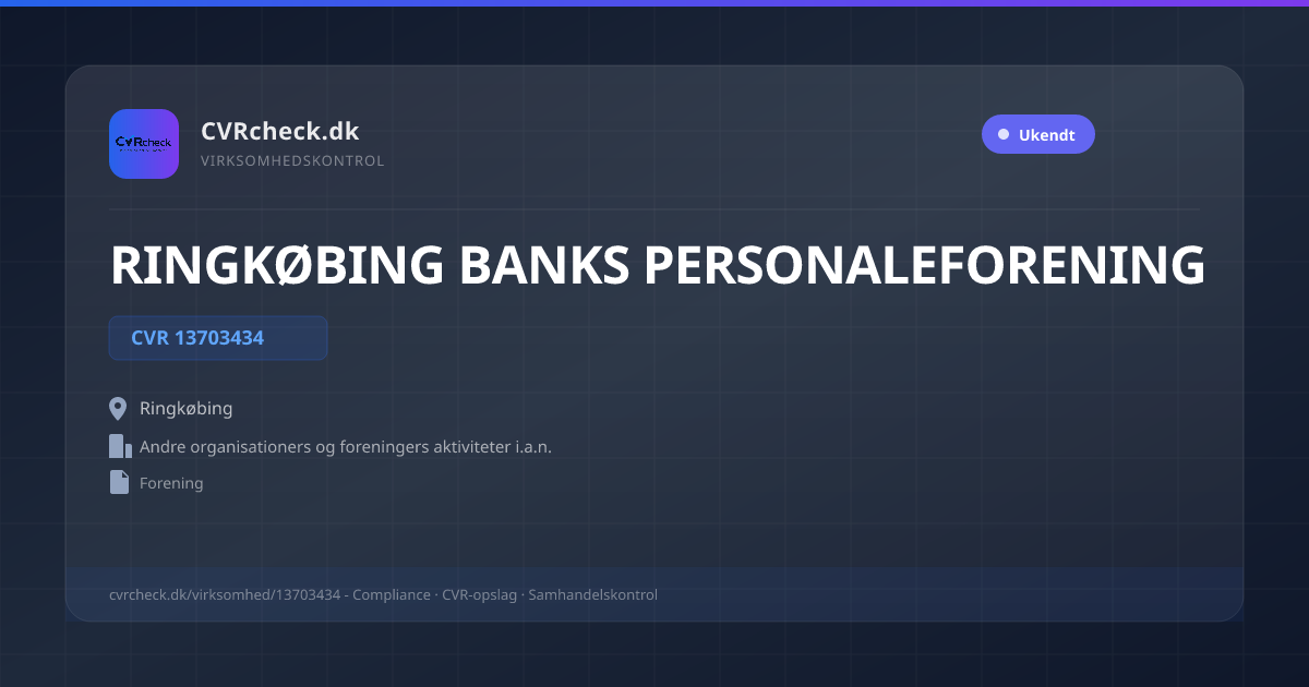 Visitkort: RINGKØBING BANKS PERSONALEFORENING, CVR 13703434, Andre organisationers og foreningers aktiviteter i.a.n., Ringkøbing