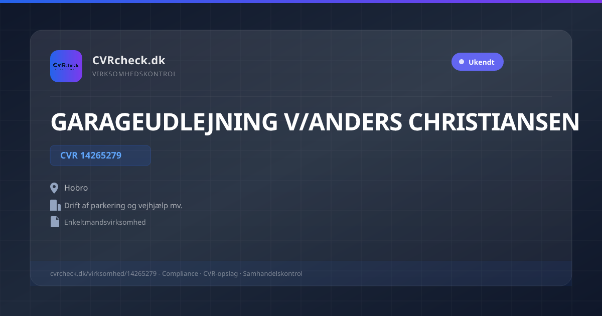 Visitkort: GARAGEUDLEJNING V/ANDERS CHRISTIANSEN, CVR 14265279, Drift af parkering og vejhjælp mv., Hobro