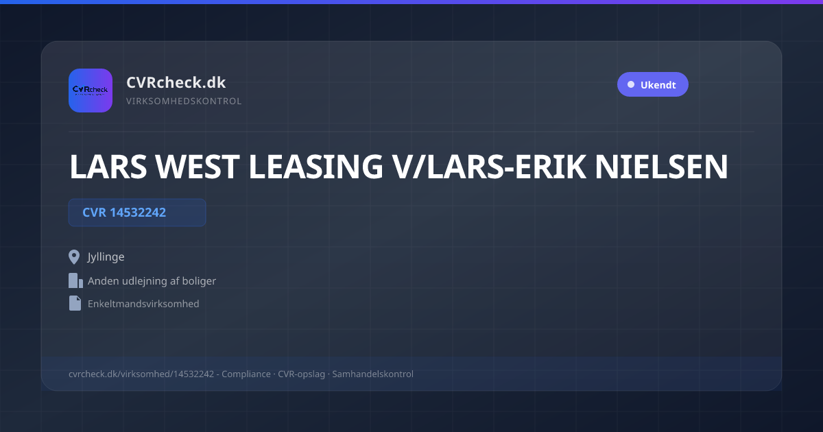 Visitkort: LARS WEST LEASING V/LARS-ERIK NIELSEN, CVR 14532242, Anden udlejning af boliger, Jyllinge
