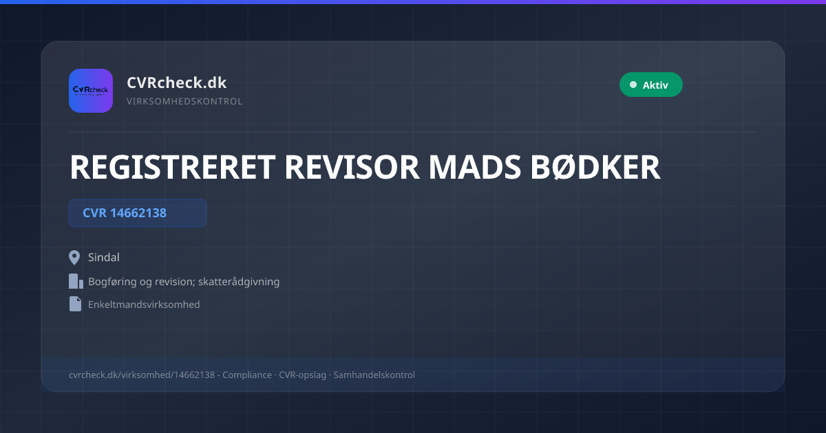 Visitkort: REGISTRERET REVISOR MADS BØDKER, CVR 14662138, Bogføring og revision; skatterådgivning, Sindal, Aktiv