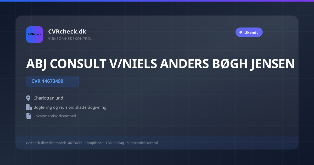 Visitkort: ABJ CONSULT V/NIELS ANDERS BØGH JENSEN, CVR 14673490, Bogføring og revision; skatterådgivning, Charlottenlund