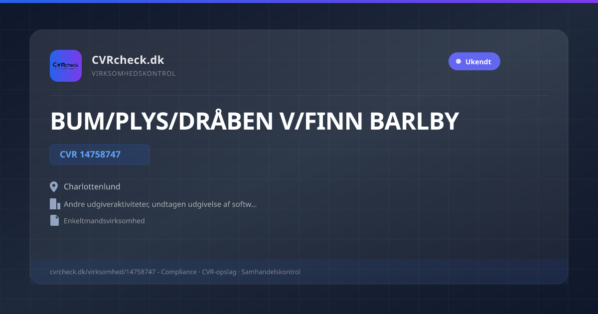 Visitkort: BUM/PLYS/DRÅBEN V/FINN BARLBY, CVR 14758747, Andre udgiveraktiviteter, undtagen udgivelse af software, Charlottenlund