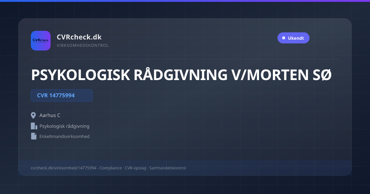 Visitkort: PSYKOLOGISK RÅDGIVNING V/MORTEN SØ, CVR 14775994, Psykologisk rådgivning, Aarhus C