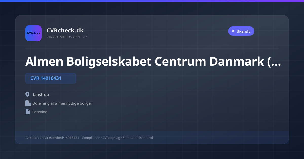 Visitkort: Almen Boligselskabet Centrum Danmark (ABCD), CVR 14916431, Udlejning af almennyttige boliger, Taastrup