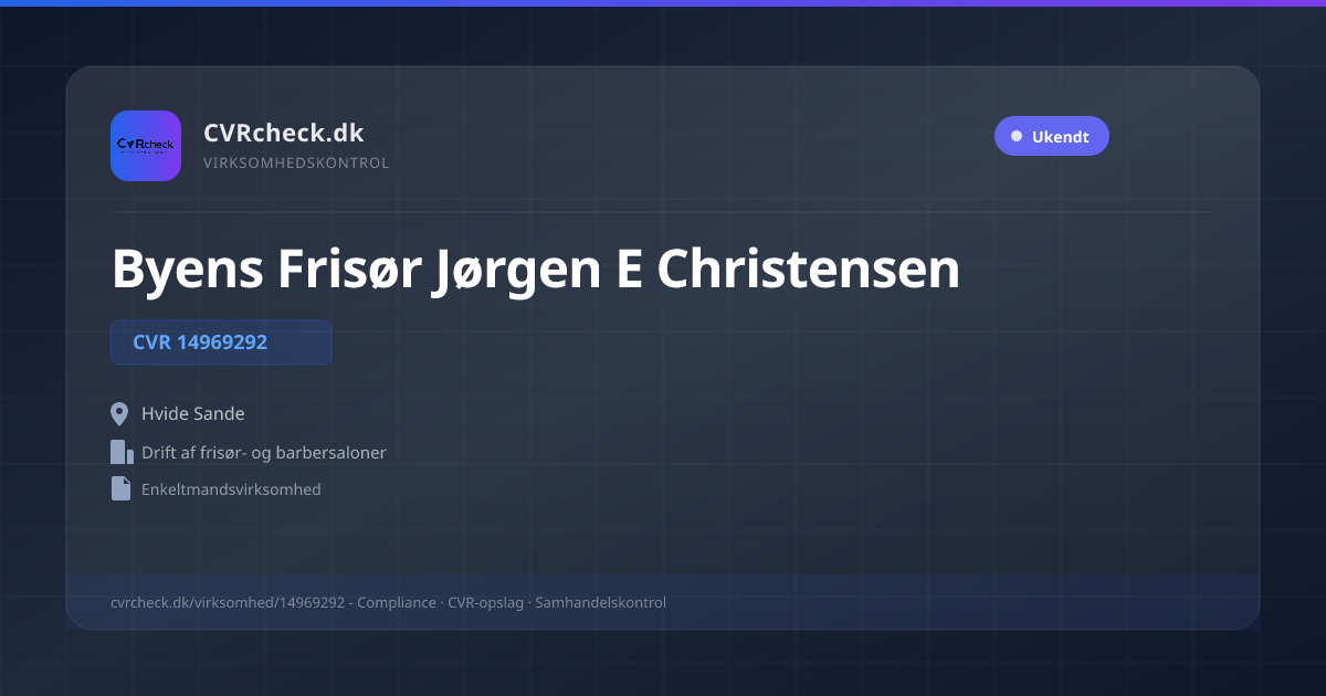 Visitkort: Byens Frisør Jørgen E Christensen, CVR 14969292, Drift af frisør- og barbersaloner, Hvide Sande