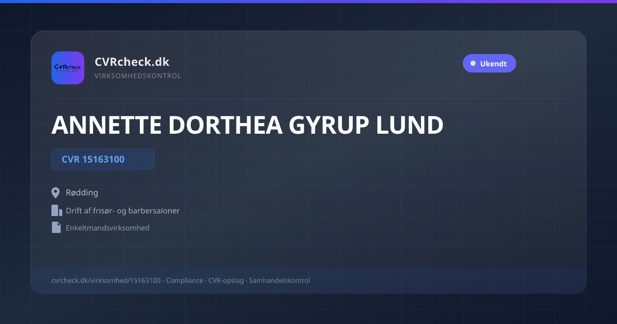 Visitkort: ANNETTE DORTHEA GYRUP LUND, CVR 15163100, Drift af frisør- og barbersaloner, Rødding
