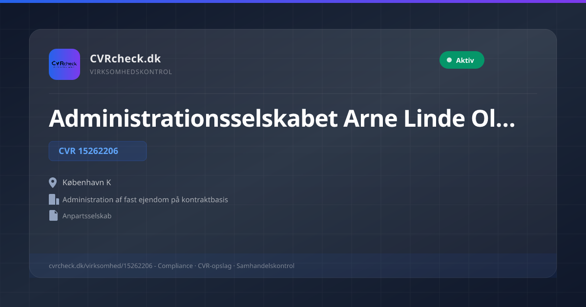 Visitkort: Administrationsselskabet Arne Linde Olsen ApS, CVR 15262206, Administration af fast ejendom på kontraktbasis, København K, NORMAL