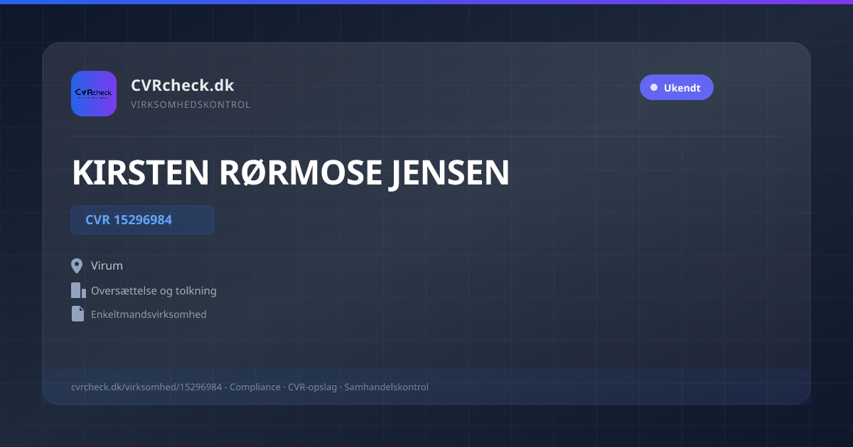 Visitkort: KIRSTEN RØRMOSE JENSEN, CVR 15296984, Oversættelse og tolkning, Virum