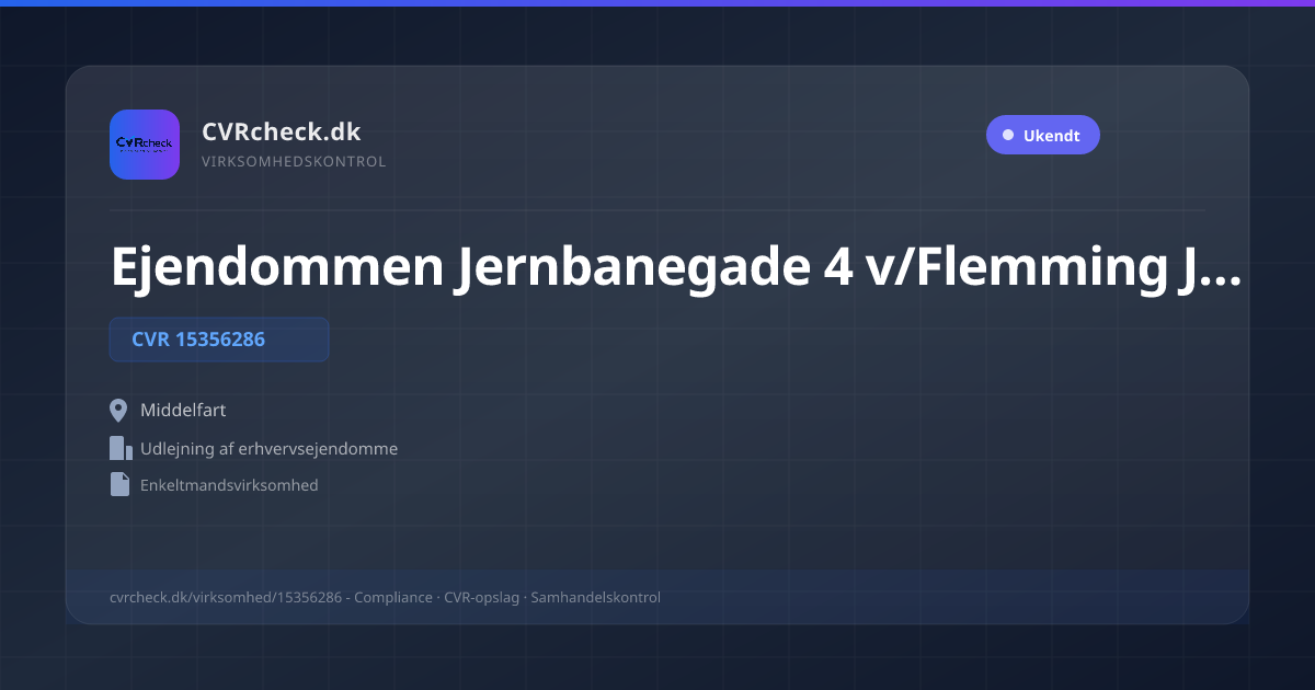 Visitkort: Ejendommen Jernbanegade 4 v/Flemming Jensen, CVR 15356286, Udlejning af erhvervsejendomme, Middelfart