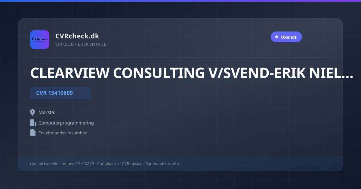 Visitkort: CLEARVIEW CONSULTING V/SVEND-ERIK NIELSEN, CVR 15410809, Computerprogrammering, Marstal