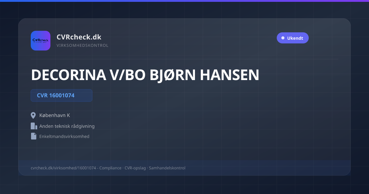 Visitkort: DECORINA V/BO BJØRN HANSEN, CVR 16001074, Anden teknisk rådgivning, København K