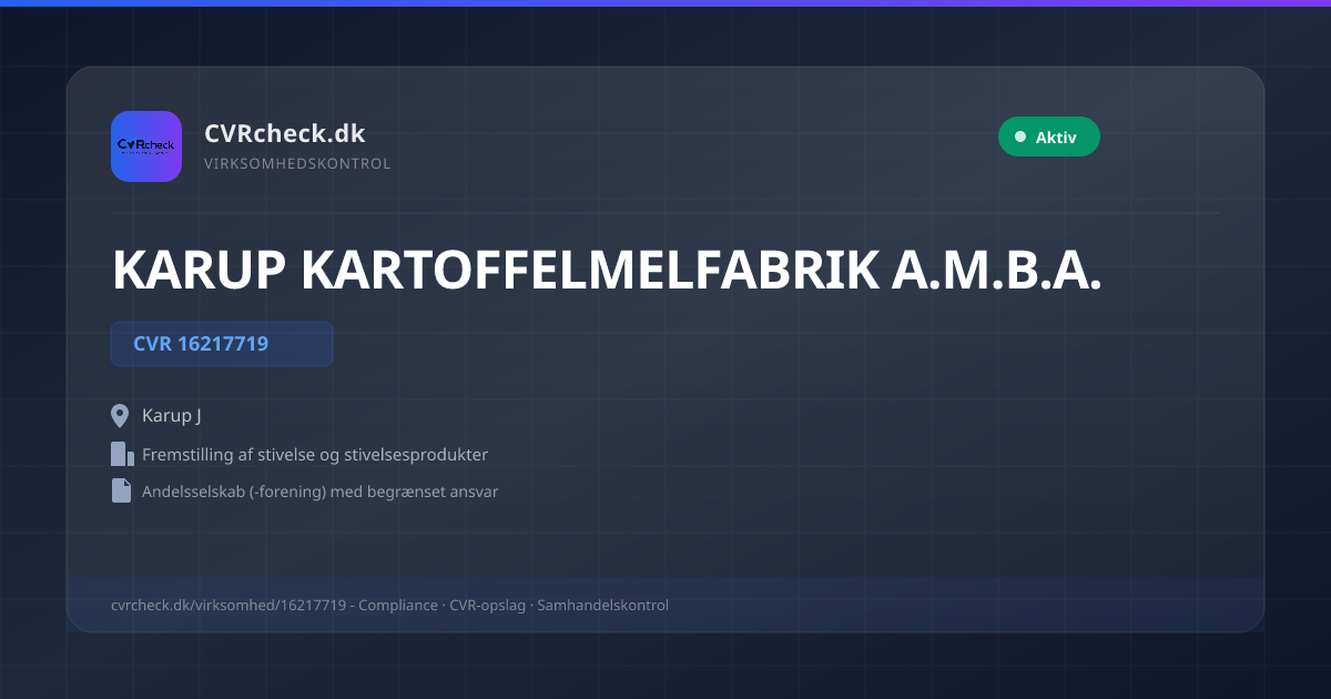 Visitkort: KARUP KARTOFFELMELFABRIK A.M.B.A., CVR 16217719, Fremstilling af stivelse og stivelsesprodukter, Karup J, NORMAL