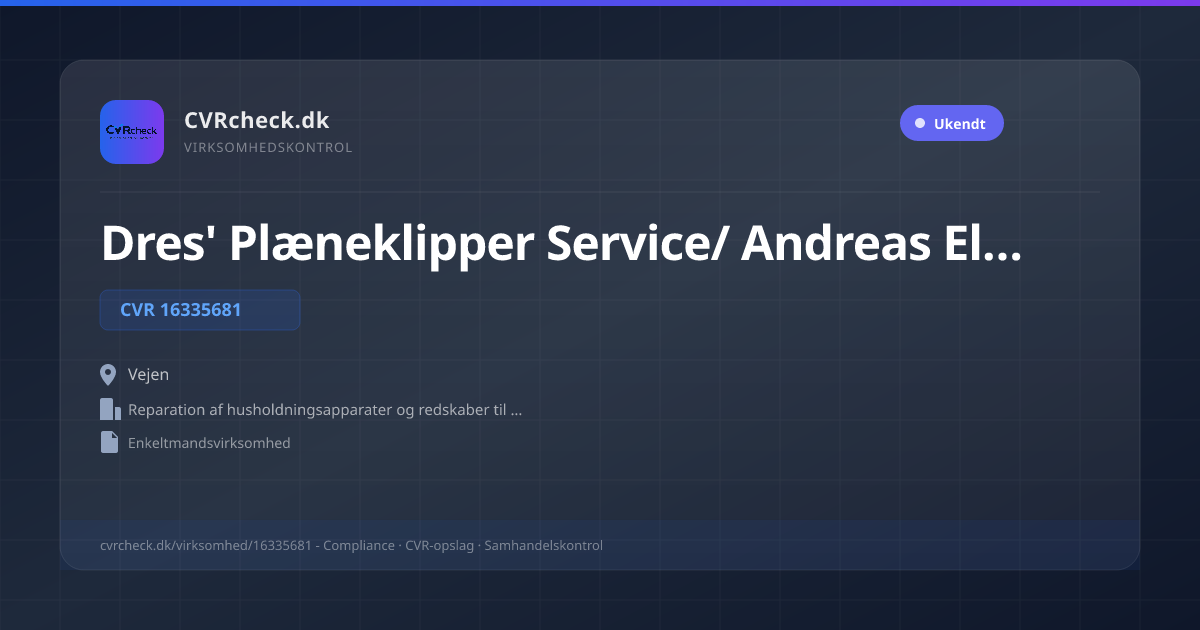 Visitkort: Dres' Plæneklipper Service/ Andreas Elkjær, CVR 16335681, Reparation af husholdningsapparater og redskaber til hus og have, Vejen