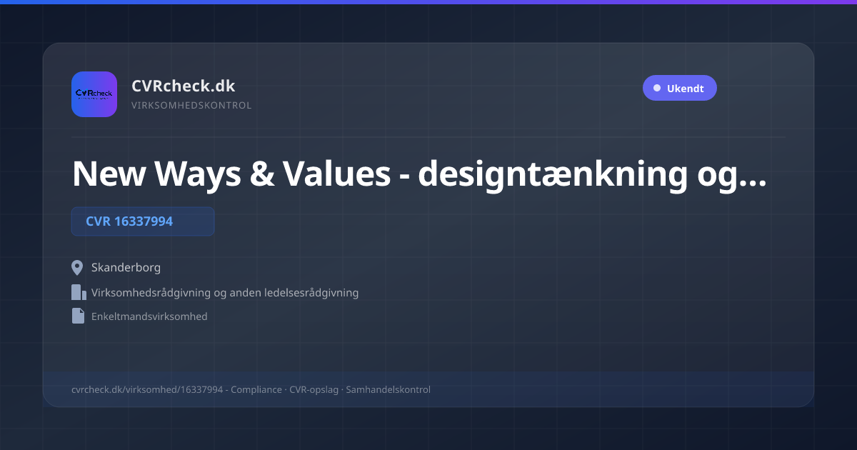 Visitkort: New Ways & Values - designtænkning og værdiafklaring, CVR 16337994, Virksomhedsrådgivning og anden ledelsesrådgivning, Skanderborg