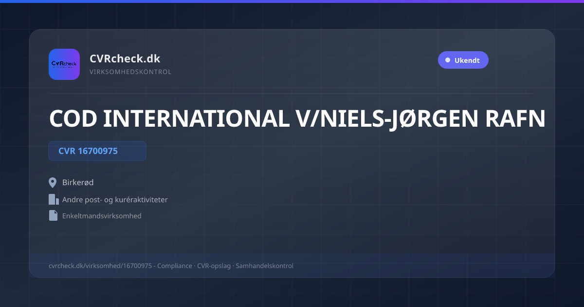Visitkort: COD INTERNATIONAL V/NIELS-JØRGEN RAFN, CVR 16700975, Andre post- og kuréraktiviteter, Birkerød