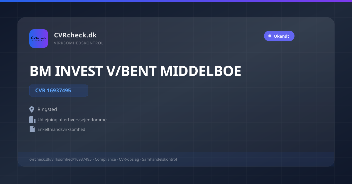 Visitkort: BM INVEST V/BENT MIDDELBOE, CVR 16937495, Udlejning af erhvervsejendomme, Ringsted