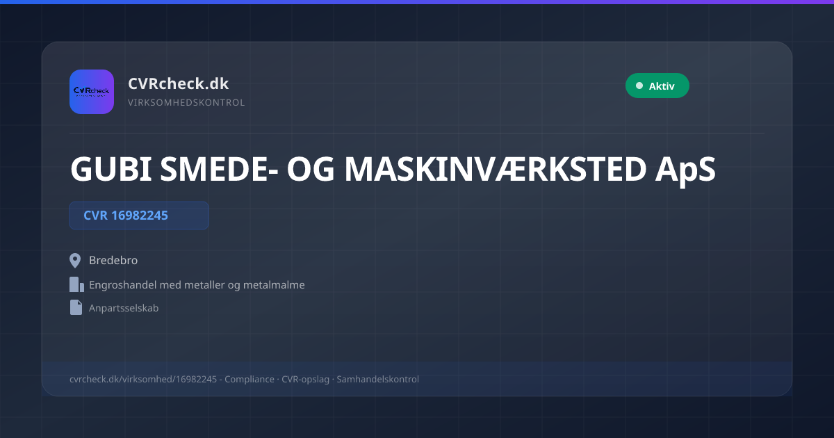 Visitkort: GUBI SMEDE- OG MASKINVÆRKSTED ApS, CVR 16982245, Engroshandel med metaller og metalmalme, Bredebro, NORMAL