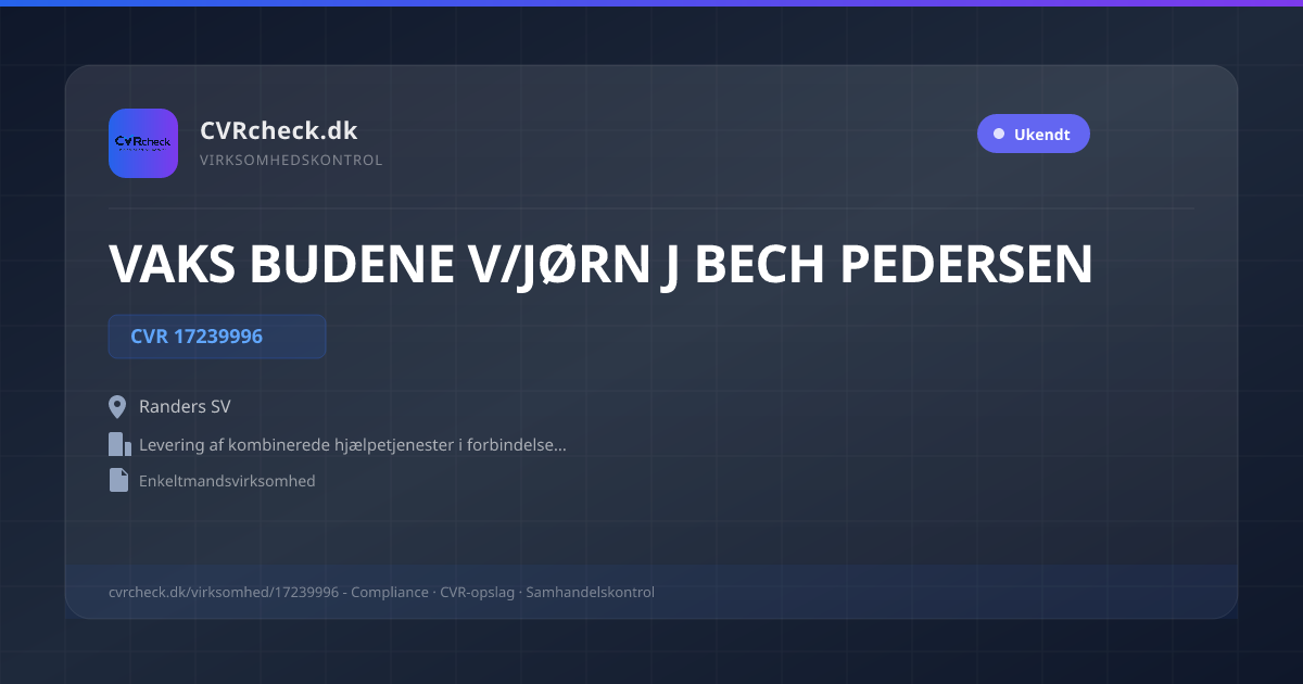 Visitkort: VAKS BUDENE V/JØRN J BECH PEDERSEN, CVR 17239996, Levering af kombinerede hjælpetjenester i forbindelse med drift af fast ejendom, Randers SV