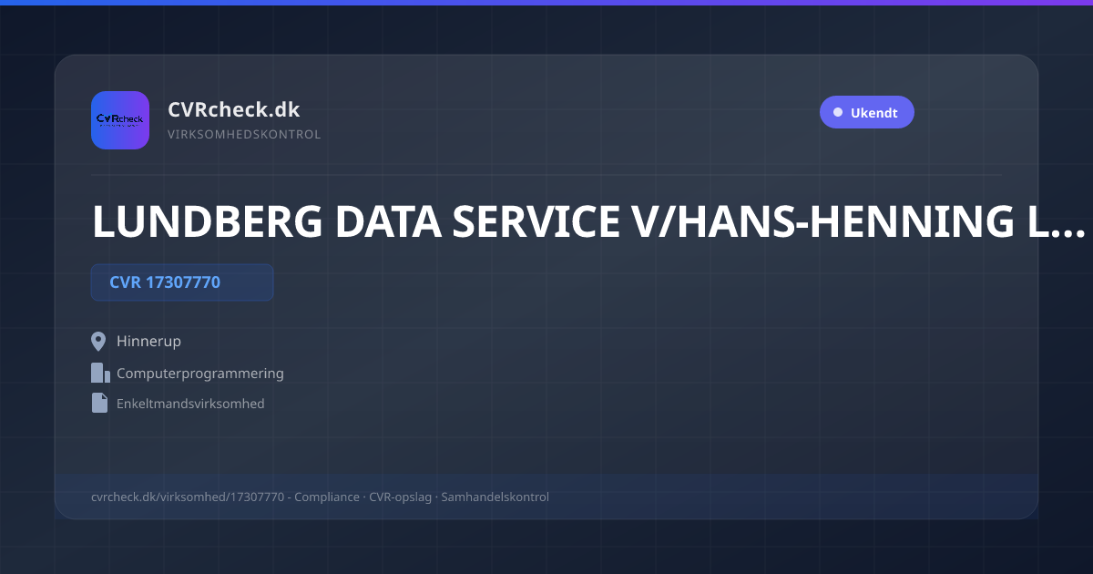 Visitkort: LUNDBERG DATA SERVICE V/HANS-HENNING LUNDBERG, CVR 17307770, Computerprogrammering, Hinnerup