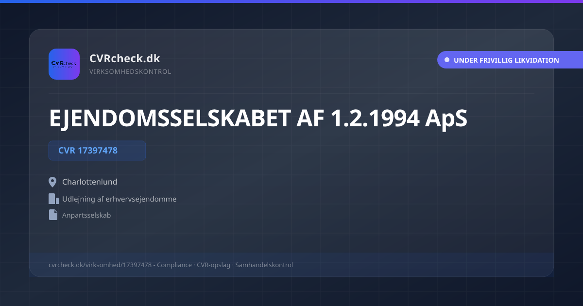 Visitkort: EJENDOMSSELSKABET AF 1.2.1994 ApS, CVR 17397478, Udlejning af erhvervsejendomme, Charlottenlund, UNDER FRIVILLIG LIKVIDATION