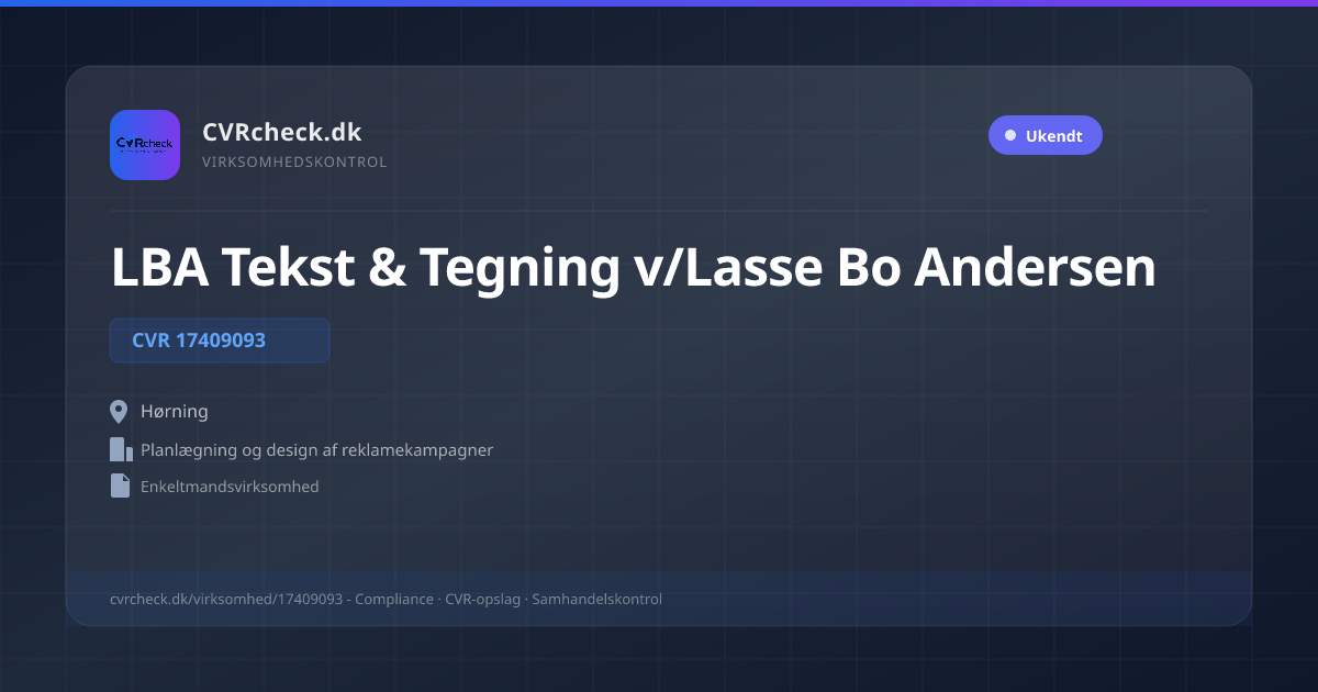 Visitkort: LBA Tekst & Tegning v/Lasse Bo Andersen, CVR 17409093, Planlægning og design af reklamekampagner, Hørning