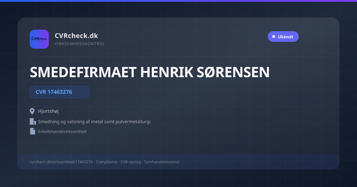 Visitkort: SMEDEFIRMAET HENRIK SØRENSEN, CVR 17463276, Smedning og valsning af metal samt pulvermetallurgi, Hjortshøj