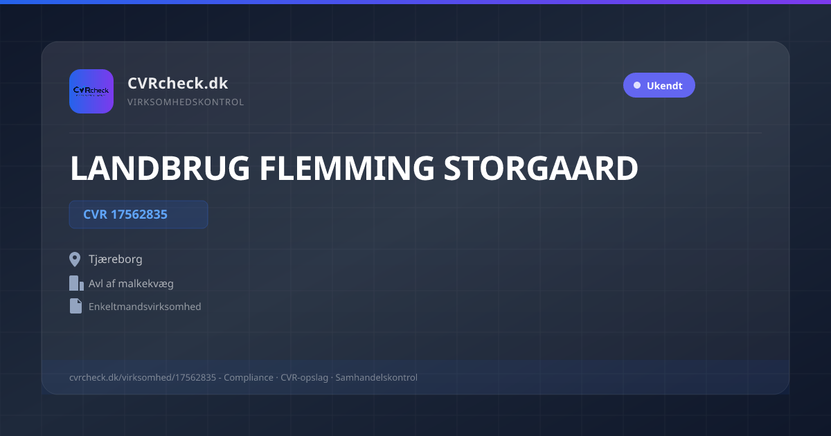 Visitkort: LANDBRUG FLEMMING STORGAARD, CVR 17562835, Avl af malkekvæg, Tjæreborg