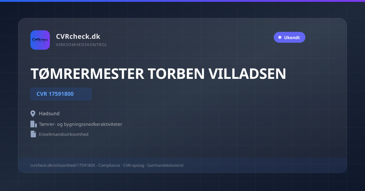 Visitkort: TØMRERMESTER TORBEN VILLADSEN, CVR 17591800, Tømrer- og bygningssnedkeraktiviteter, Hadsund