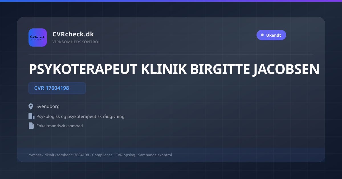 Visitkort: PSYKOTERAPEUT KLINIK BIRGITTE JACOBSEN, CVR 17604198, Psykologisk og psykoterapeutisk rådgivning, Svendborg