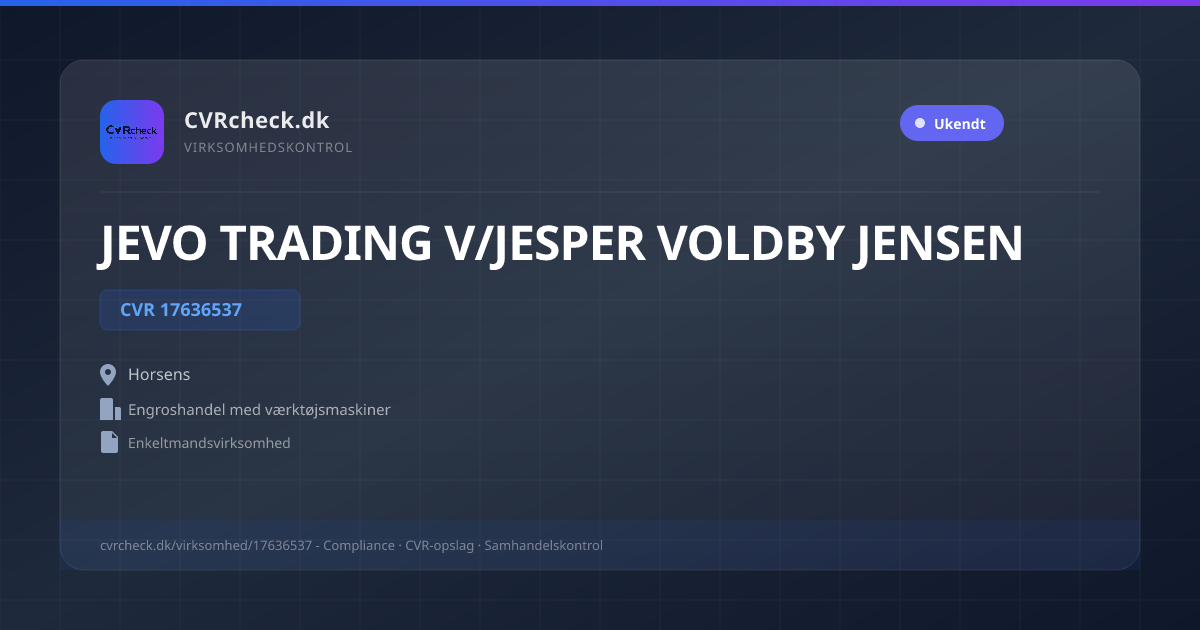 Visitkort: JEVO TRADING V/JESPER VOLDBY JENSEN, CVR 17636537, Engroshandel med værktøjsmaskiner, Horsens