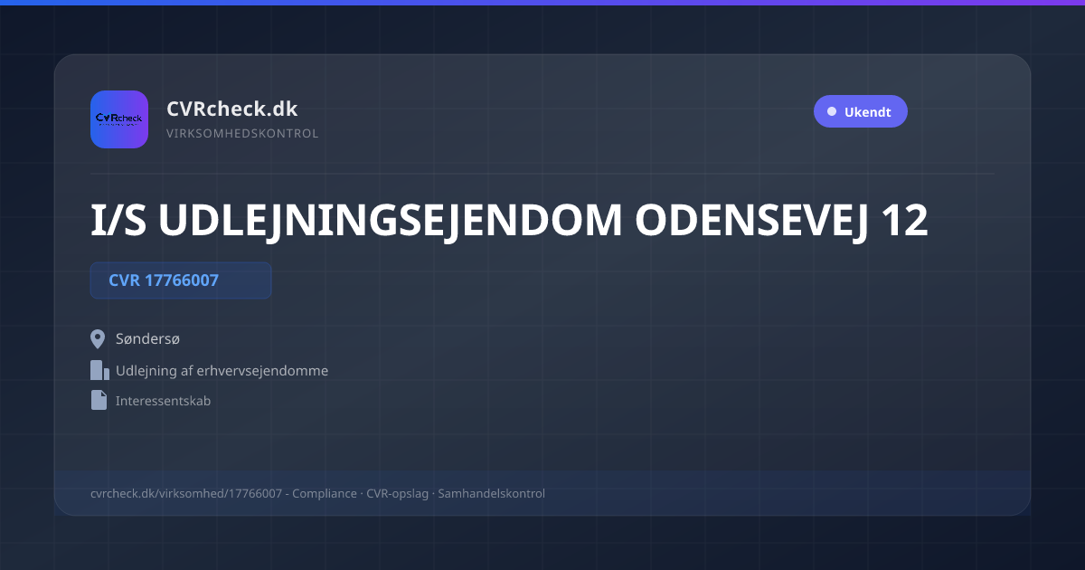 Visitkort: I/S UDLEJNINGSEJENDOM ODENSEVEJ 12, CVR 17766007, Udlejning af erhvervsejendomme, Søndersø
